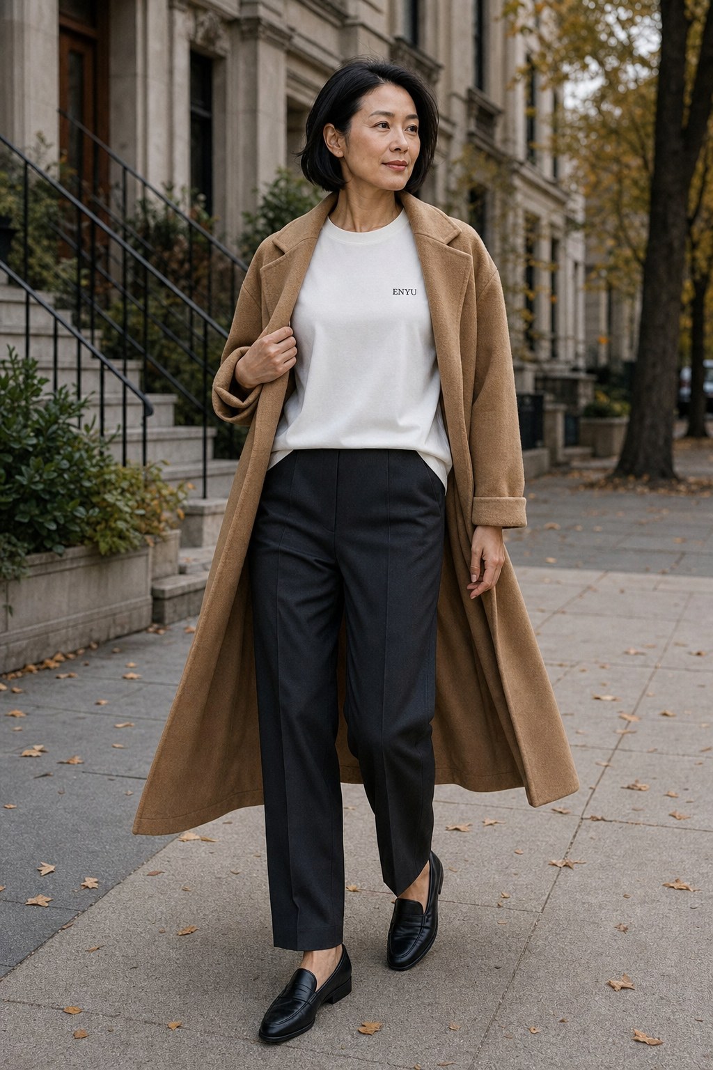 Creative editorial visual of a woman wearing a white ENYU short-sleeve Tee beneath an open camel coat in autumn