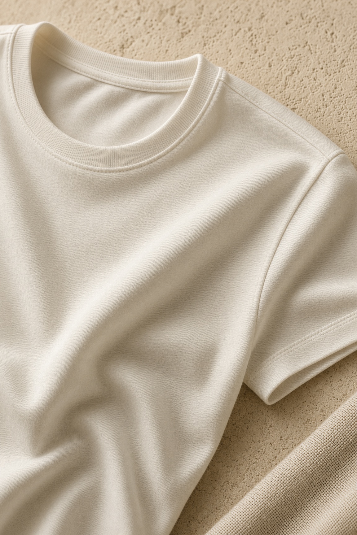 Creative close-up study of a light T-shirt neckline, shoulder and sleeve construction